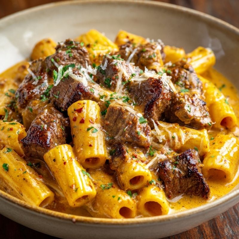 Decadent Cajun Steak Tips In Cheesy Rigatoni Parmesan Sauce