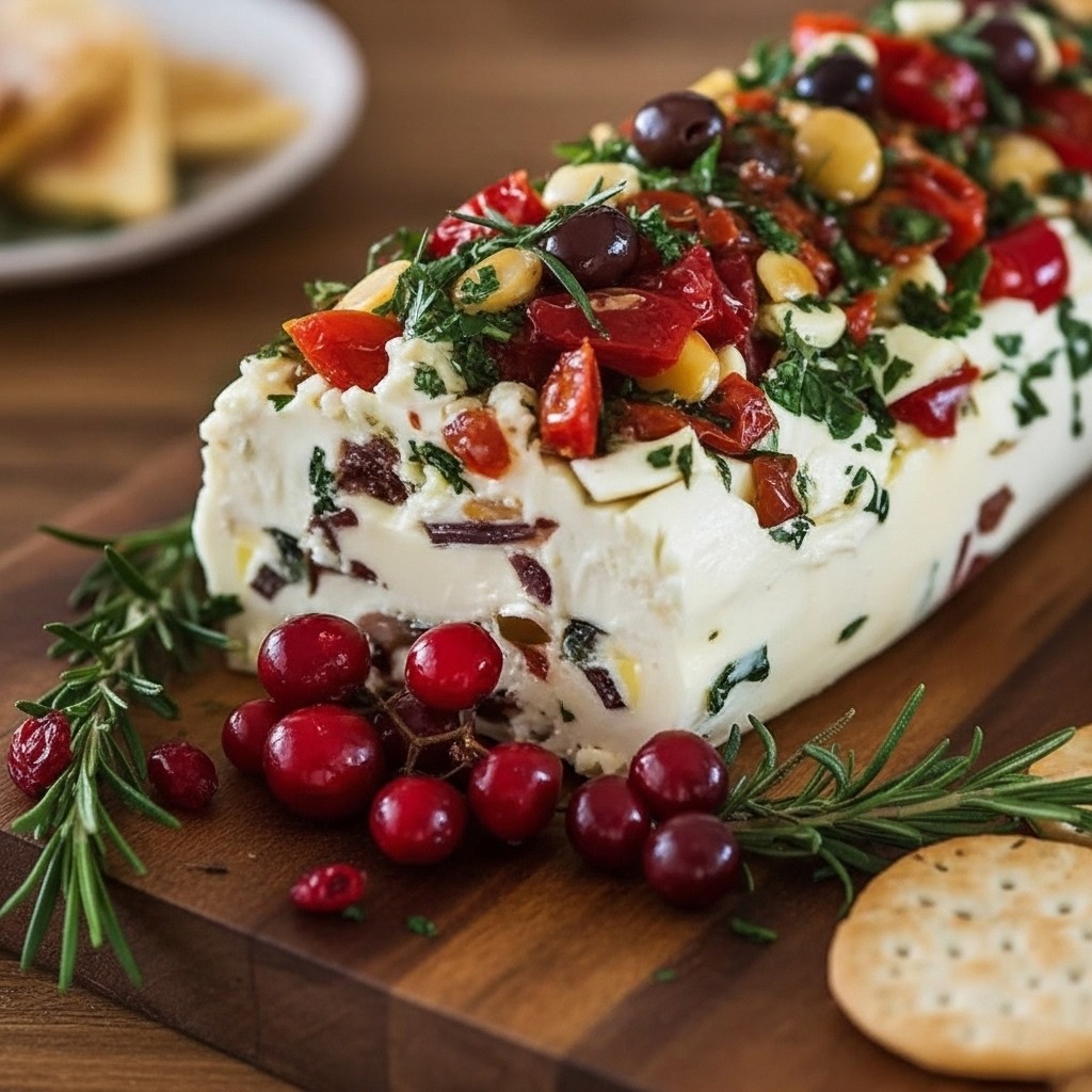 Festive Holiday Antipasto Cheese Log