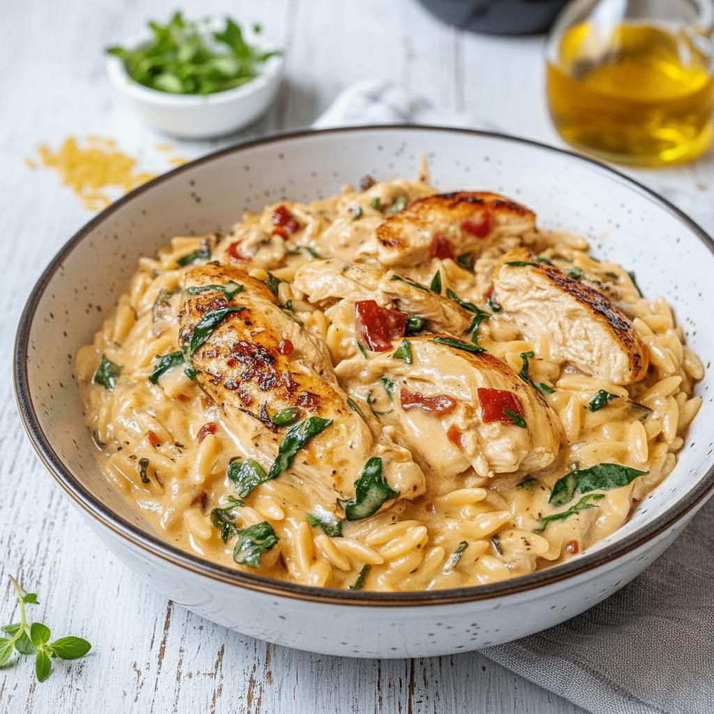 Decadent One-Pan Orzo Tuscan Chicken Bake