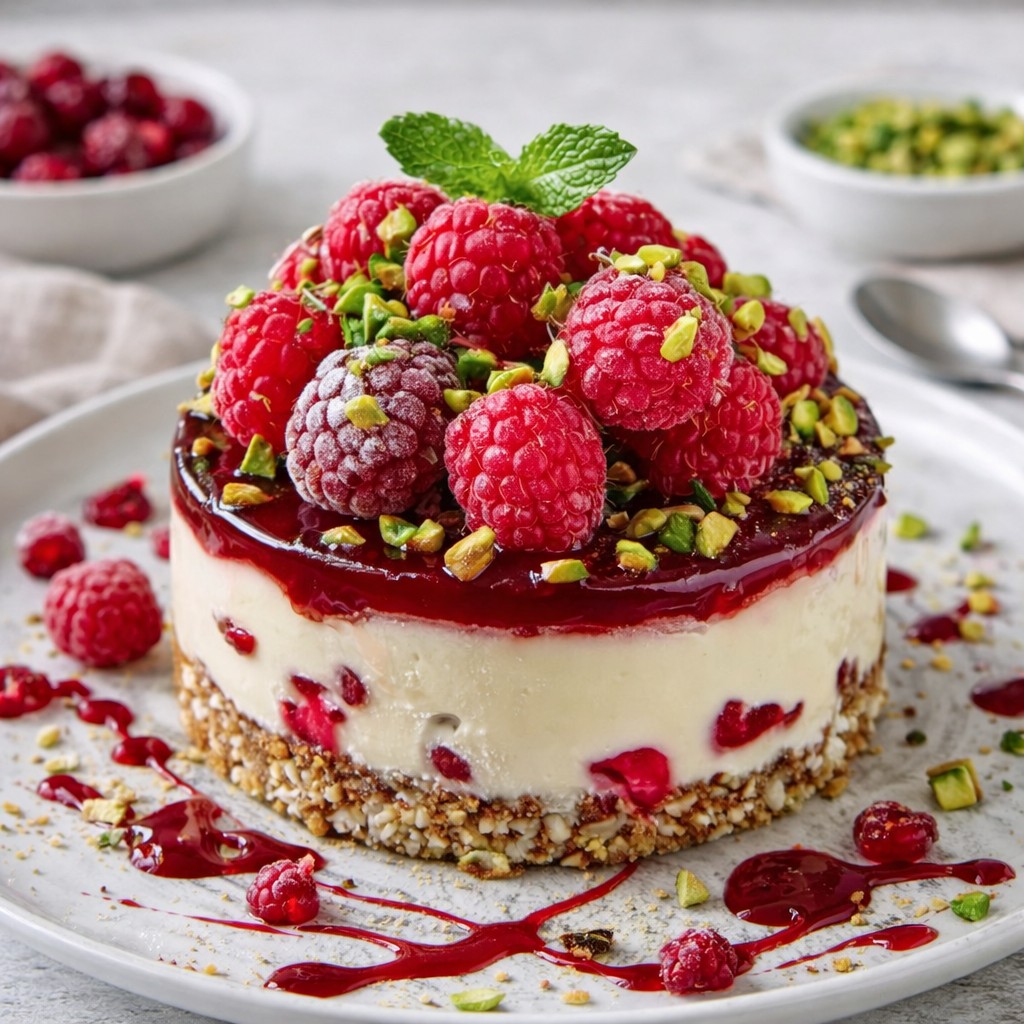 Creamy Pistachio Raspberry Cheesecake